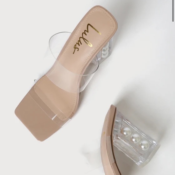 Lulus Azaleana Light Nude Clear Vinyl Pearl High Heel Sandals Beige - Size 7 - Picture 2 of 3